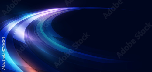 High speed muticolor curved lines on dark blue background.