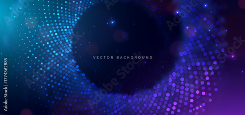 Futuristic glowing dotted with lighting effect sparkle on dark background. Technology big data network.