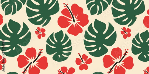 Tropical Floral Pattern Hibiscus, Monstera, and Leafy Design for Summer