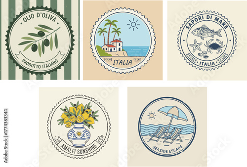 Italian themed circular badges featuring olives, coastal towns, seafood, lemons and beach scenes