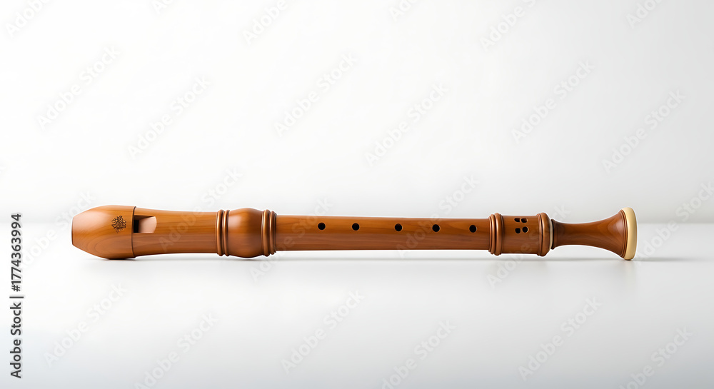Naklejka premium Wooden recorder musical instrument with finger holes on a white surface in a studio setting ai generated