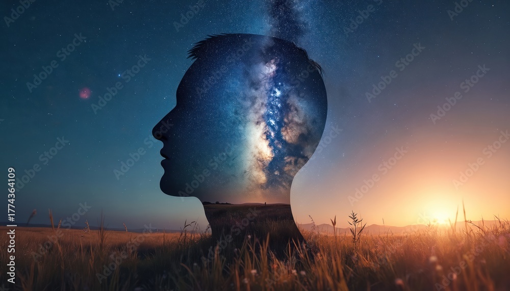 Fototapeta premium Artistic depiction of human head silhouette merging with night sky and field. Concept reflects inner peace vastness of mind. Calm landscape represents nature and human connection.