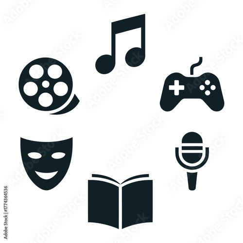 A collection of entertainment icons, including film, music, gaming, theater, literature, and podcasting