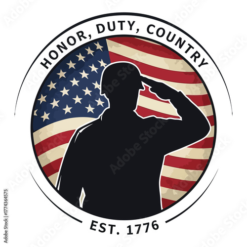 Patriotic salute to honor, duty, and country with american flag backdrop, a tribute to service and sacrifice, isolated on white background