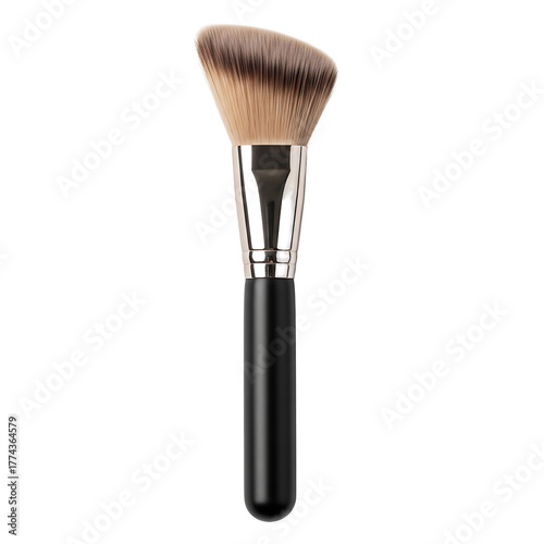 Angled, synthetic-bristled cosmetic tool. Features a metallic ferrule connecting the brush head to a matte black handle. Ideal for applying powder