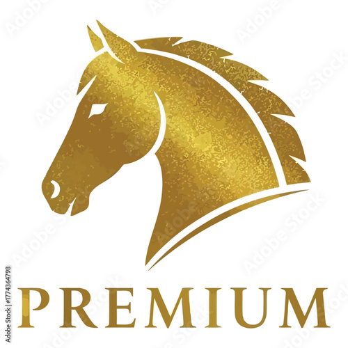 A golden horse head silhouette with the word premium below isolated on white background