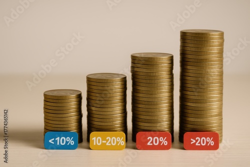 Tax Efficient Strategies. Stacks of coins representing different percentages of growth and investment levels on a neutral background.