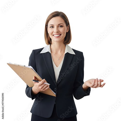 Attractive woman in a suit, holding a clipboard and pen. She smiles broadly, gesturing with her open hand