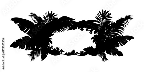 Palm leaves create a frame around a black silhouette of banana tree foliage. This exotic plant border showcases rainforest greenery with tropical branches, offering a decorative floral contour.