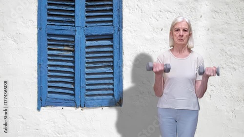 Elderly Woman Exercising Outdoors With Dumbbells By Bright Blue Shuttered Window