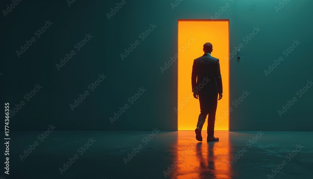 Obraz premium Man in suit walks toward bright orange doorway in a dark room. Illustration symbolizes change success opportunity future. Concept vision pathway career entrance.