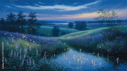 Moonlit Whispers: A Serene Lake Beneath the Silver Glow of the Full Moon, Where Golden Fireflies Drift Among Ethereal Clouds and Frosted Shores, Reflecting Dreams Across a Midnight Symphony of Blue.