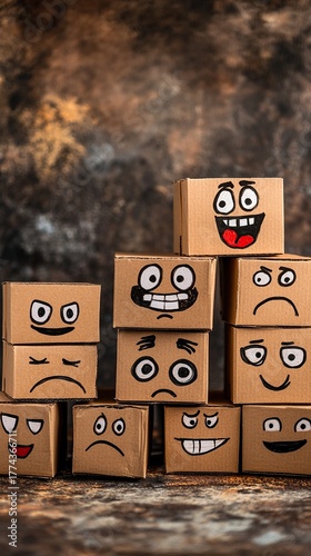 Cardboard Boxes Emotions Faces Sad Happy Hand Drawn Illustration