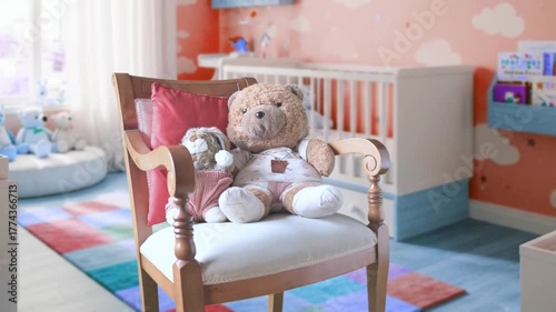 Cozy Nursery Scene With Teddy Bear On Chair, Crib, And Soft Pastel Decor