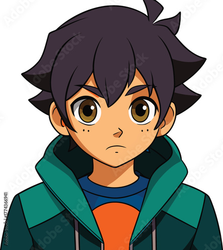 Young anime boy with spiky dark hair and freckles wearing a hoodie