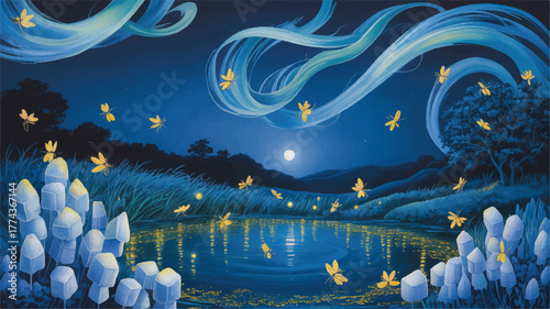 Moonlit Whispers: A Serene Lake Beneath the Silver Glow of the Full Moon, Where Golden Fireflies Drift Among Ethereal Clouds and Frosted Shores, Reflecting Dreams Across a Midnight Symphony of Blue.
