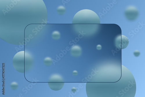 Rectangular glass morphism style frame on a background with blurred blue spheres. Eps 10