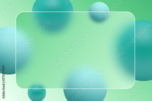 Rectangular glass morphism style frame on a green background with blue-green spheres. Eps 10