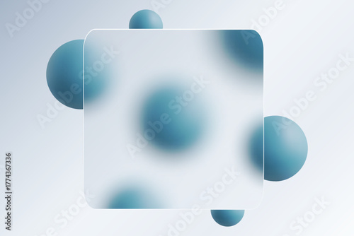 Square glass morphism style frame with blue 3D spheres on a light background. Eps 10