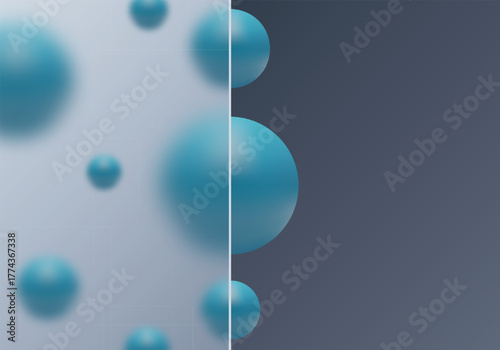 Abstract vertical division with glass morphism and blue 3D spheres. Eps 10
