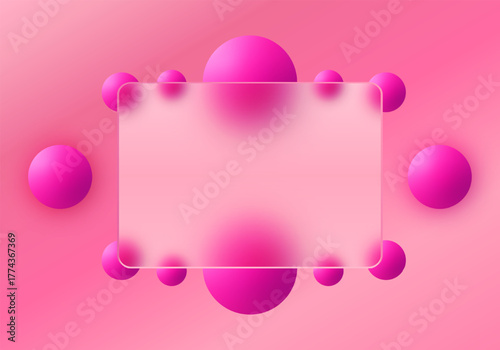 Glass morphism style frame among numerous bright pink 3D spheres on a monochrome background. Eps 10