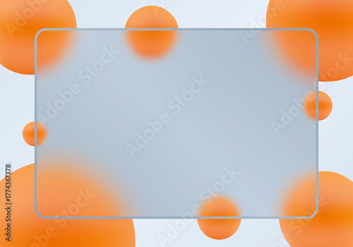 Large glass morphism style frame with orange spheres on a light abstract background. Eps 10