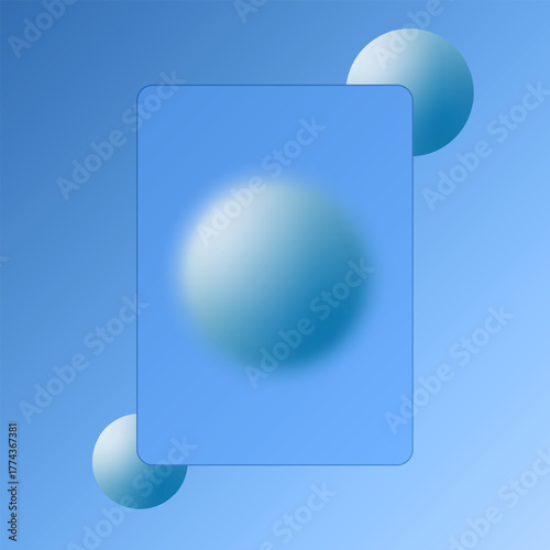 Vertical glass morphism style frame with blue spheres on a blue gradient background. Eps 10