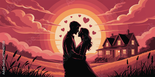 Embrace at Sunset: Silhouetted Lovers Beneath a Heart-Lit Sky as the Sun Sets in Flames of Red and Gold, Their Shadows Entwined Beside a Warmly Lit House, Where Love Glows Brighter Than the Dying Day.