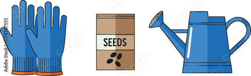 Gardening tools including gloves, seeds, and watering can sit ready for planting in the garden, representing the joys of spring and growth.
