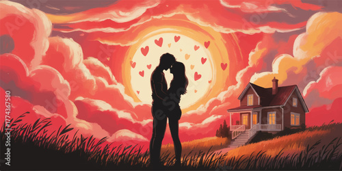 Embrace at Sunset: Silhouetted Lovers Beneath a Heart-Lit Sky as the Sun Sets in Flames of Red and Gold, Their Shadows Entwined Beside a Warmly Lit House, Where Love Glows Brighter Than the Dying Day.