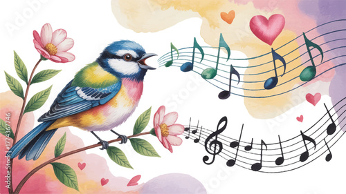 A Blue Tit Singing Among Cherry Blossoms Beneath a Heart of Light, Where Love, Music, and Nature Blend in Gentle Watercolor Hues of Pink, Yellow, and Blue.