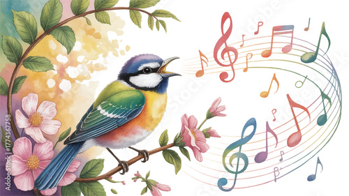 A Blue Tit Singing Among Cherry Blossoms Beneath a Heart of Light, Where Love, Music, and Nature Blend in Gentle Watercolor Hues of Pink, Yellow, and Blue.