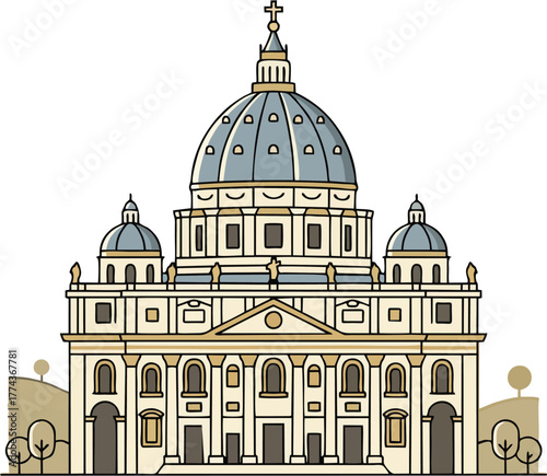 Stylized Vector Pope Basilica with Blue Dome – Minimalist Catholic Architecture for Easy Tracing and Stock Illustration