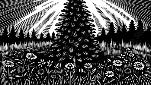 Vibrant green pine tree surrounded by fresh grass and wildflowers in spring sunlight