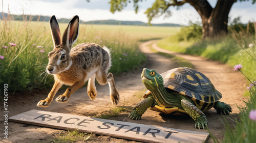 The Timeless Race of Nature: A Hare and a Tortoise Crossing Paths Beneath the Summer Sun, Where Speed Meets Patience Amid the Whispering Trees and Dappled Light of a Peaceful Woodland Trail.
