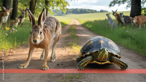 The Timeless Race of Nature: A Hare and a Tortoise Crossing Paths Beneath the Summer Sun, Where Speed Meets Patience Amid the Whispering Trees and Dappled Light of a Peaceful Woodland Trail.