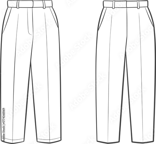 Technical fashion sketch of tailored trousers front view, flat vector drawing, garment design template, menswear illustration for clothing production and pattern making