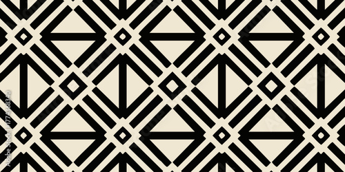 Abstract geometric pattern with diamond shapes and diagonal lines in black and beige for background or textile design