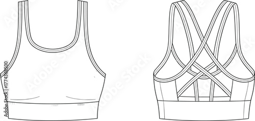 Technical fashion sketch, sports bra front and back view, crisscross strap design, athletic wear illustration, apparel template, garment construction drawing