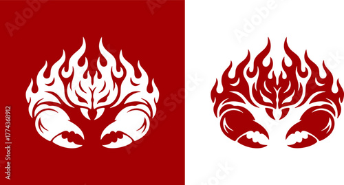 Logo Vector illustration of a powerful flaming crab pincer icon, a fierce symbol suitable for a tattoo, emblem, or spicy seafood brand