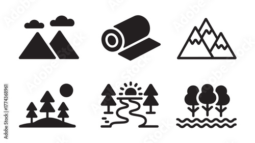 Set of nature and outdoor icons simple glyph design elements isolated on a white background