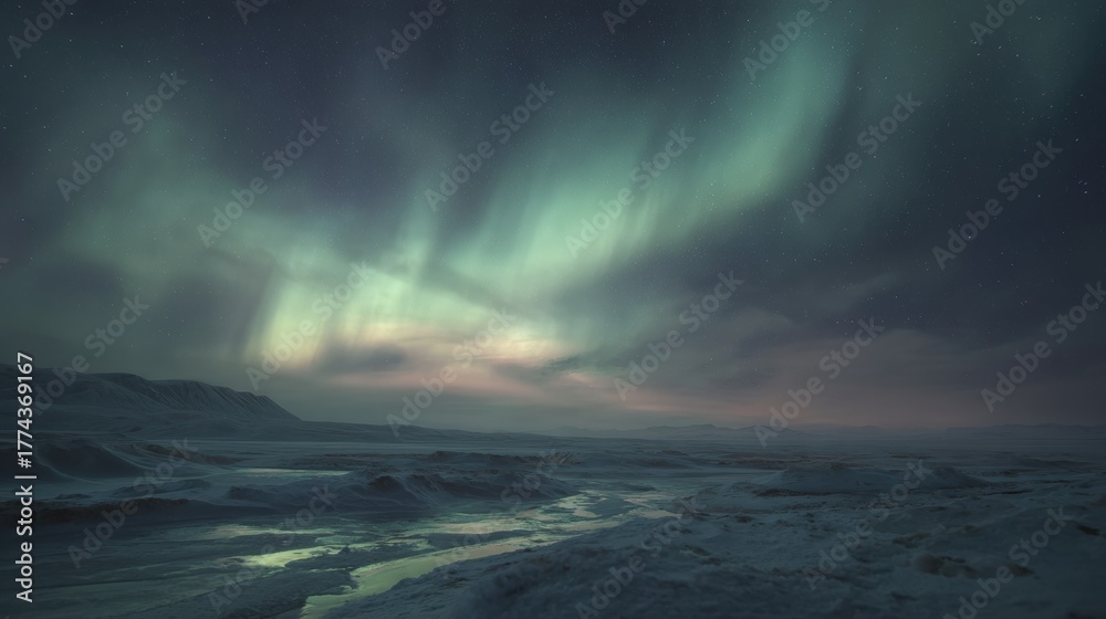 Naklejka premium Landscape photograph of a snowy mountain range at night. the sky is filled with stars and the aurora borealis, also known as the northern lights, is visible in the top right corner of the image.