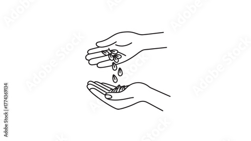 Hands sowing seeds simple line art illustration concept for growth and investment isolated on white background