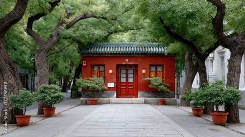 Fototapeta Naklejka Na Ścianę i Meble -  Charming Red Building With Green Roof Nestled Among Mature Trees and Lush Greenery on a Cobblestone Path During Daytime