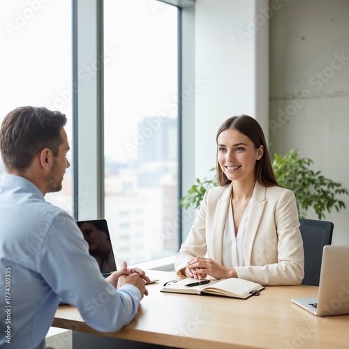 Business woman smiling while meeting with man at office table  