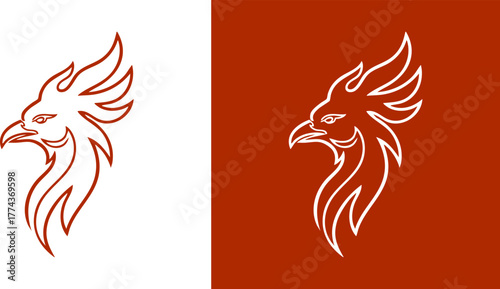 Logo Graphic vector illustration of a fiery phoenix head in a bold, elegant line style, symbolizing rebirth and power