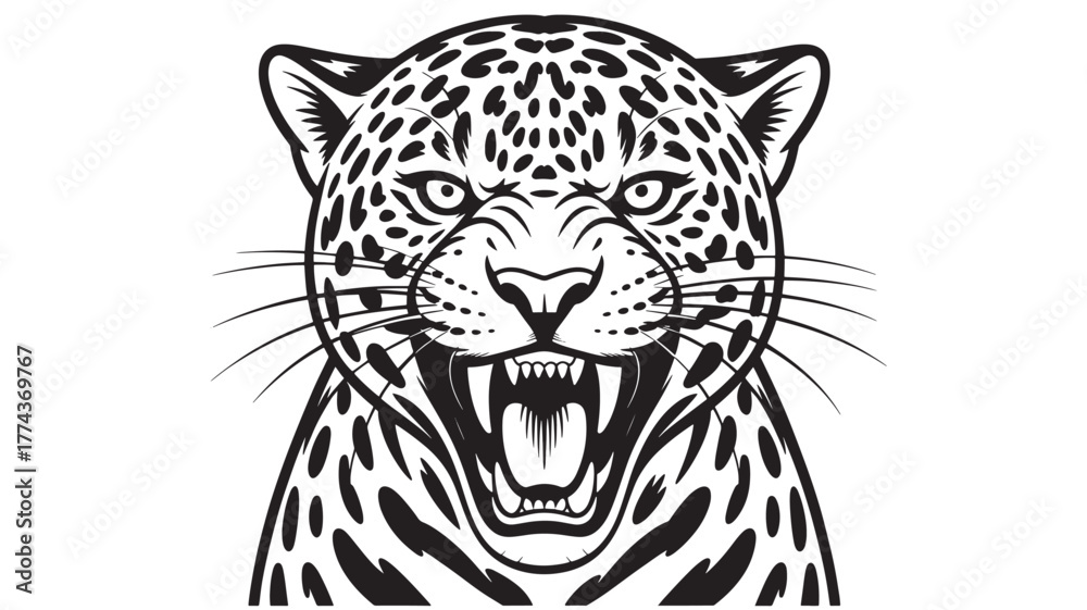 Fototapeta premium Jaguar head illustration ferocious wild cat with open mouth and sharp teeth isolated on white background