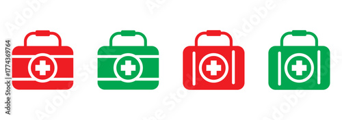 First aid box icon in red & green. Medical aid kit bag icon. First aid kit and medical case icon pack. Healthcare symbols and briefcases in vector style. Medicine bag icon for graphic design, Website.