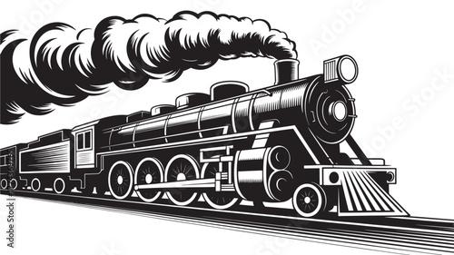 Vintage steam train locomotive with smoke classic black and white illustration isolated on white background
