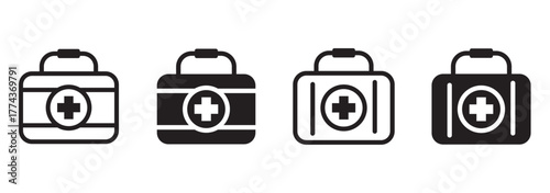 First aid box icon in black. Medical aid kit bag icon. First aid kit and medical case icon pack. Healthcare symbols and briefcases in line style vector. Medicine bag icon for graphic design, Website.